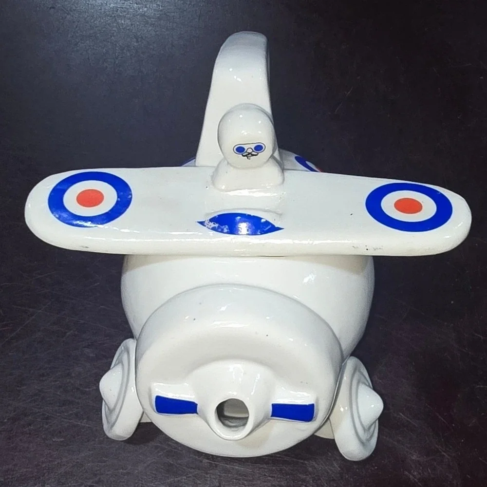 Vintage Ceramic Biplane Novelty Teapot White with Blue and Red Roundel Pilot Lid